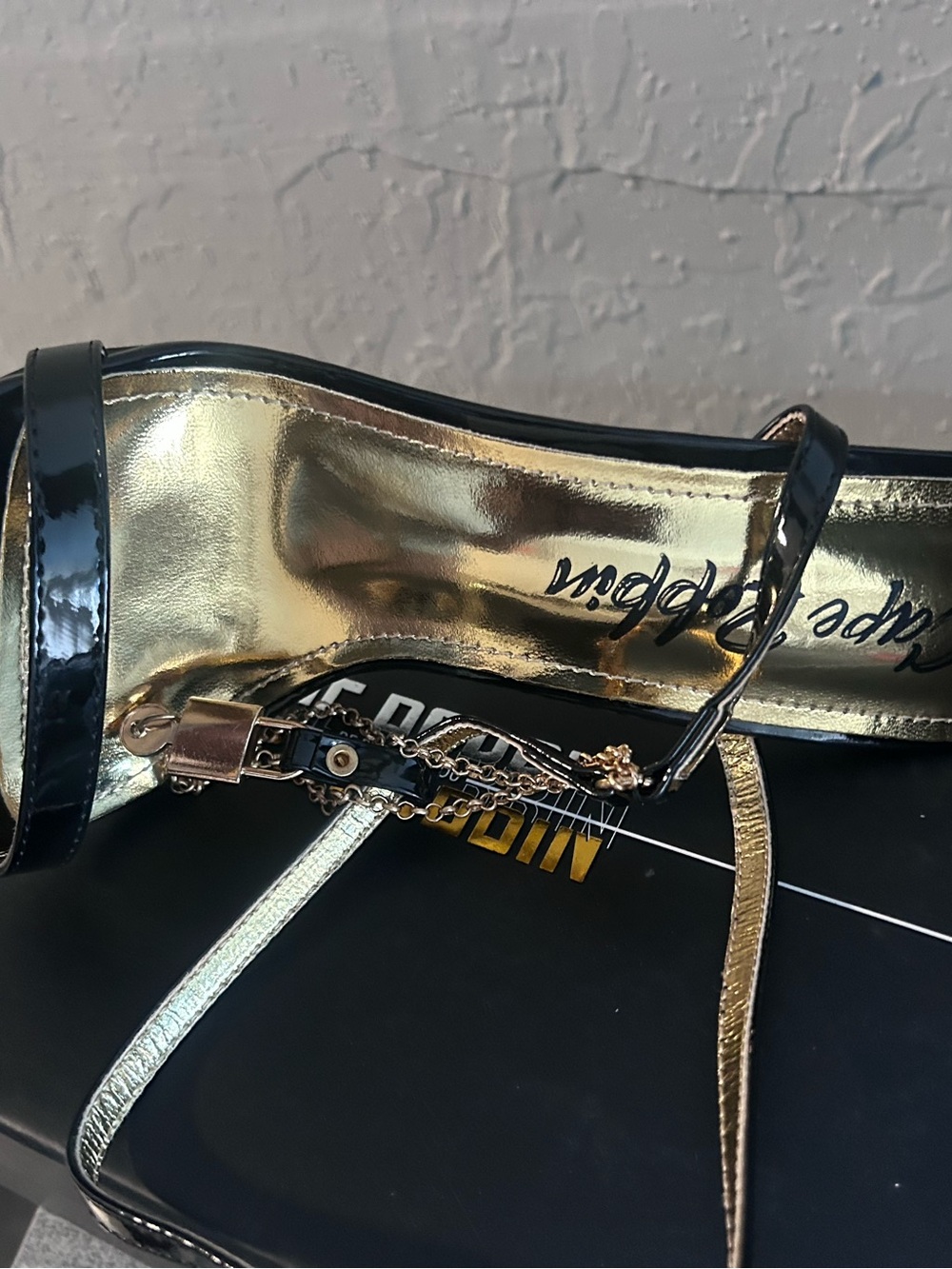 Cape Robbin Black and Gold Strappy Heel with Chain Accent
